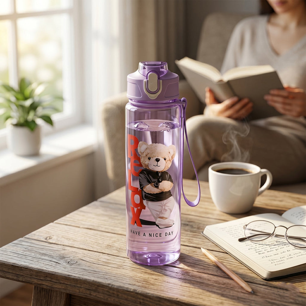 The three colorful plastic water bottles from the set, ideal for school and travel.