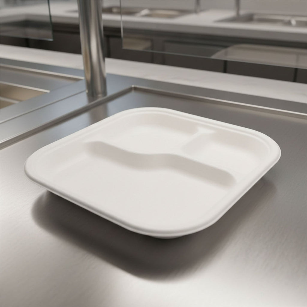 Compostable bagasse meal plate ideal for takeaway and eco-conscious catering events