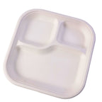 Close-up showing thick durable compartments of compostable bagasse meal plate