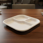 Serving hot food on eco-friendly compostable bagasse 3-compartment meal plate