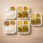 Side angle image of heat and oil resistant 3-compartment bagasse square plate