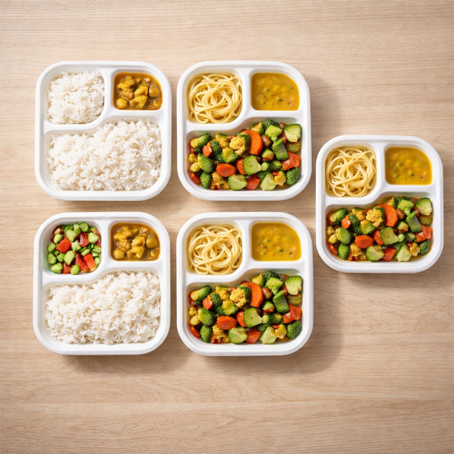 Side angle image of heat and oil resistant 3-compartment bagasse square plate