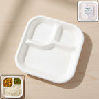 Compostable bagasse 3-compartment square meal plate showing eco-friendly disposable tableware
