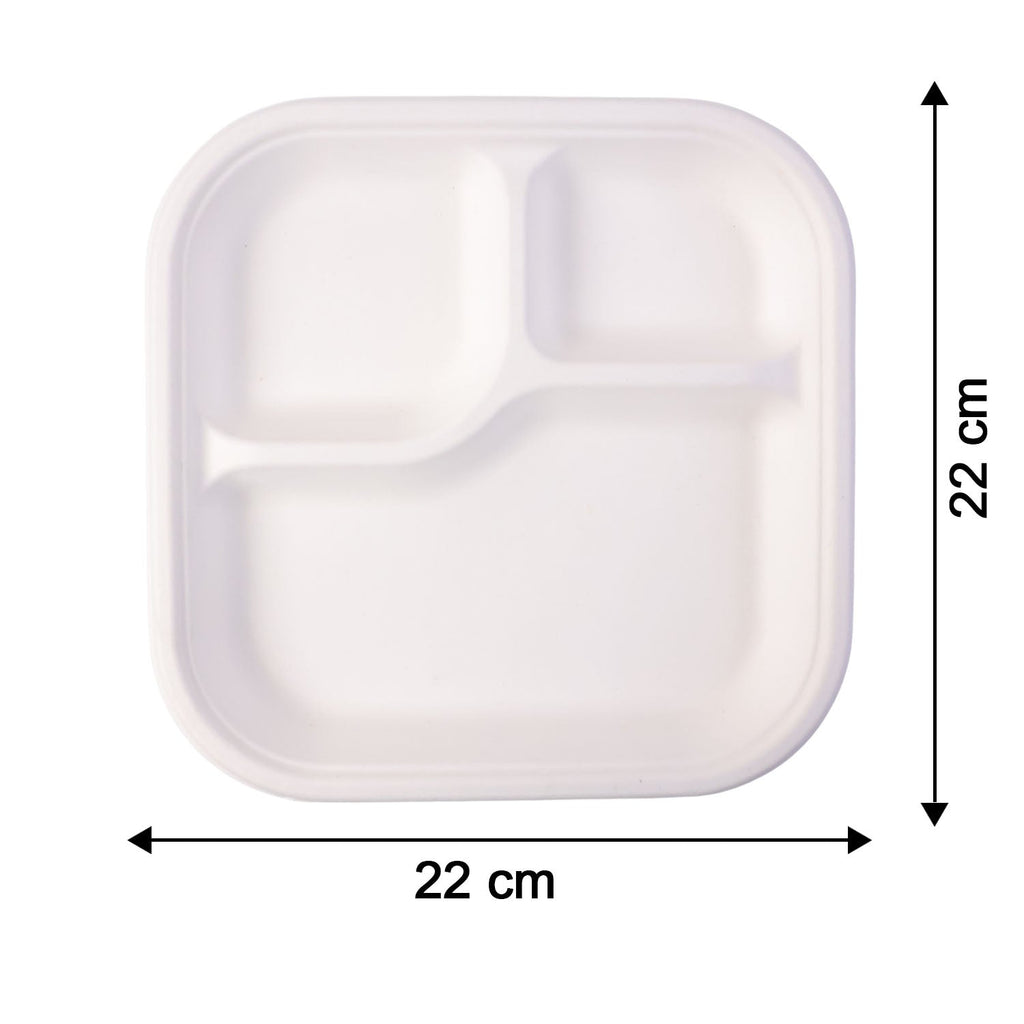 Dimension display for 22 cm by 22 cm square compostable bagasse compartment plate