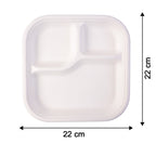 Dimension display for 22 cm by 22 cm square compostable bagasse compartment plate