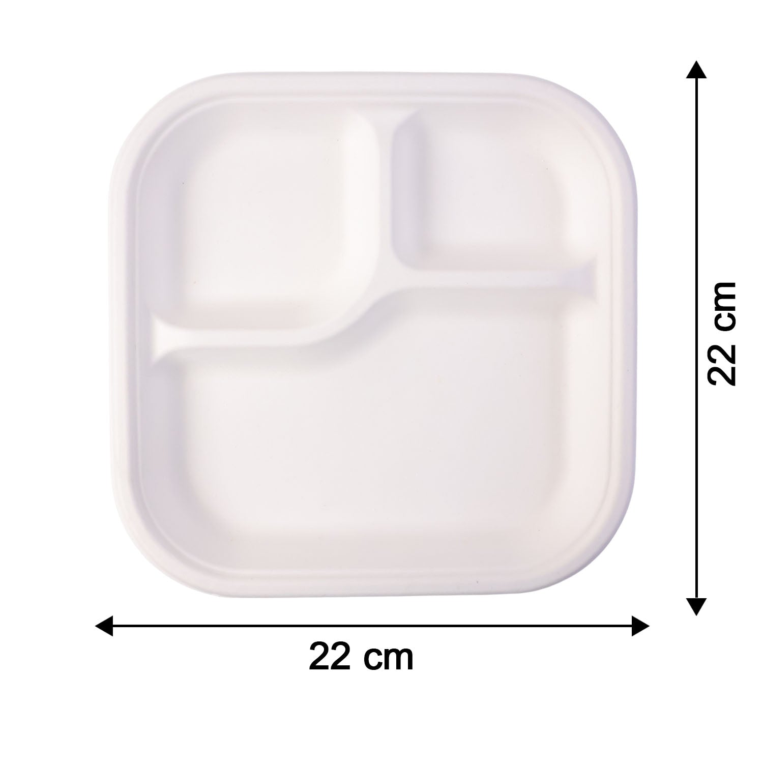Dimension display for 22 cm by 22 cm square compostable bagasse compartment plate