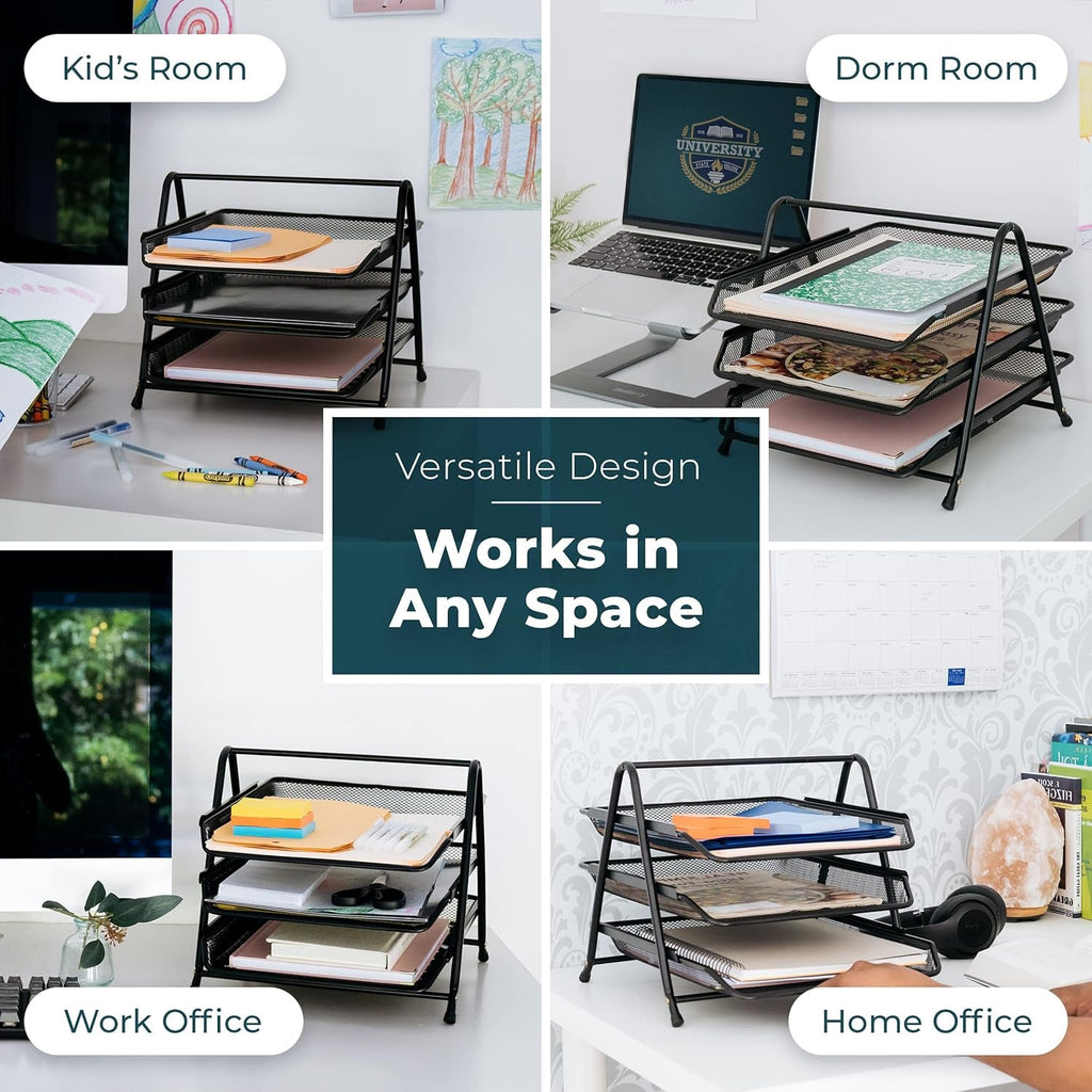 Three-tier metal storage rack placed on desk