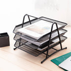 Black metal office supplies organizer with three tiers