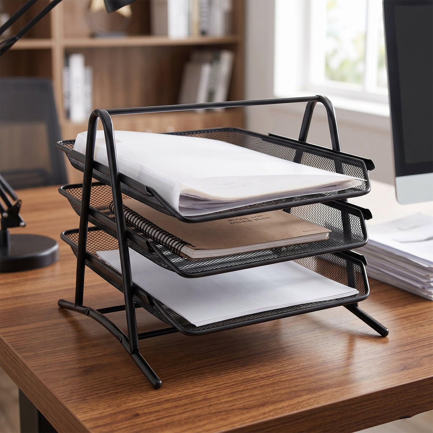 Close-up of black 3-tier organizer rack for workspace
