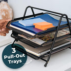 Metal rack with three tiers for paper organization