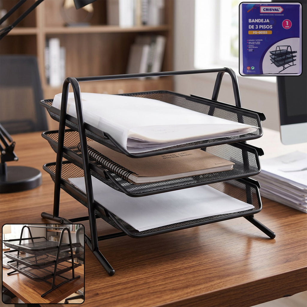 Heavy duty metal 3-tier organizer rack with black finish for office and home