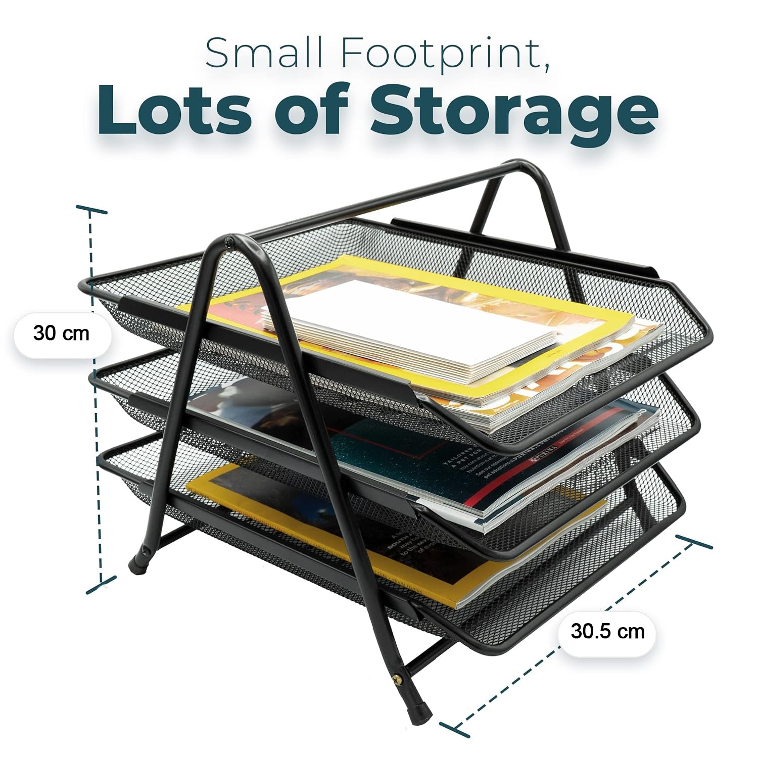 Black metal paper sorting rack with three levels