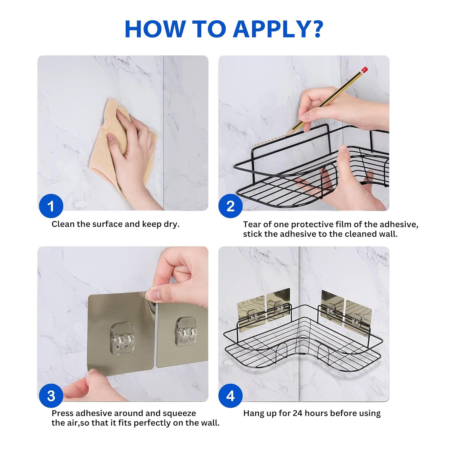 Close-up view of metal shower shelf adhesive hooks and ventilated shelf design
