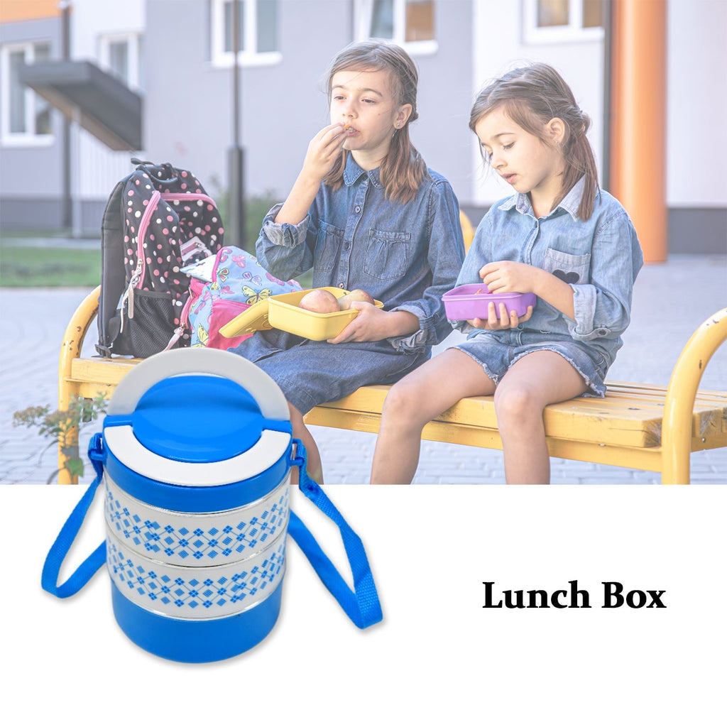 Top-down view of the blue insulated tiffin set with its lid off.