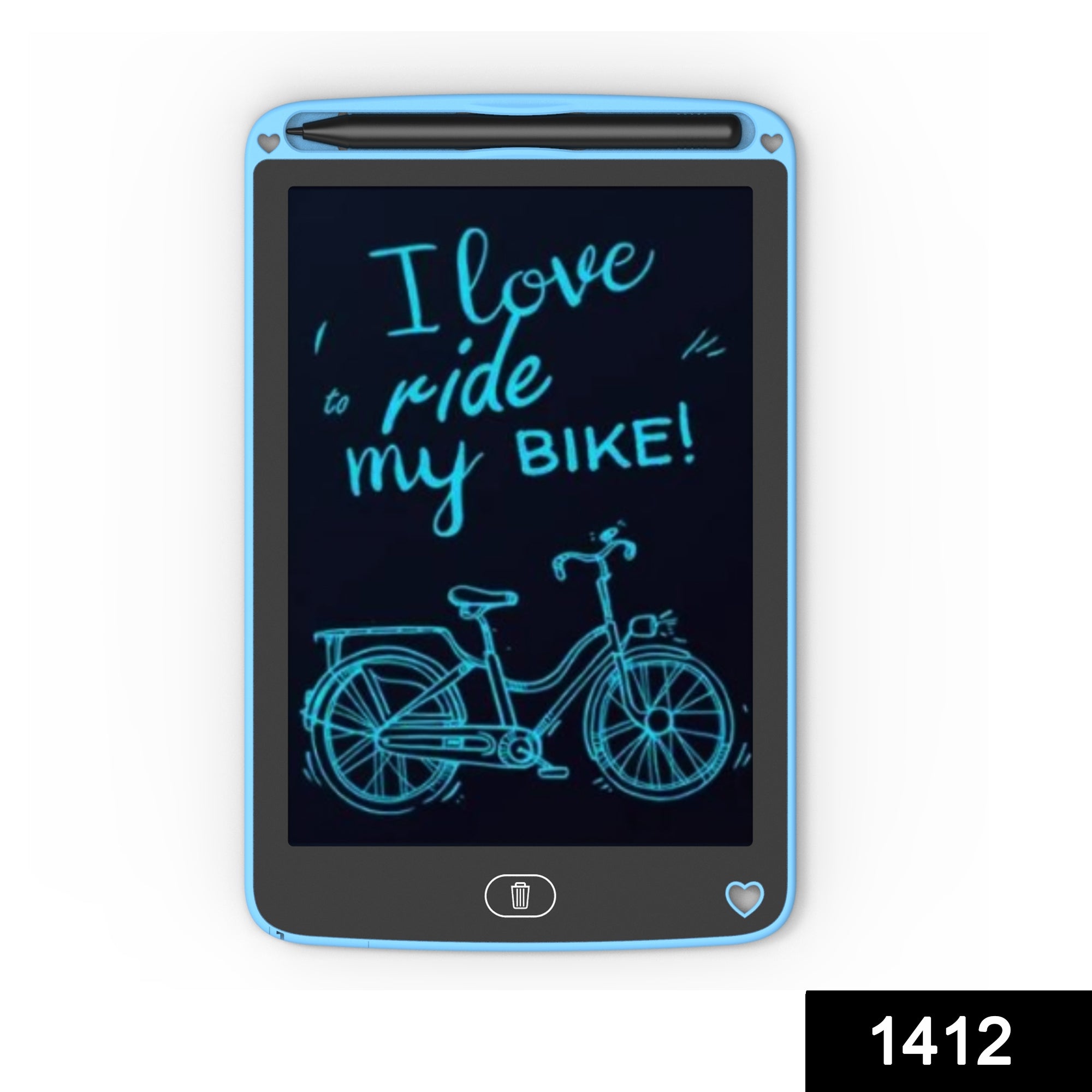 A young kid drawing on a slim blue portable LCD digital notepad.