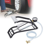 Steel foot pump with non-slip pedal and hose for easy tire inflation.