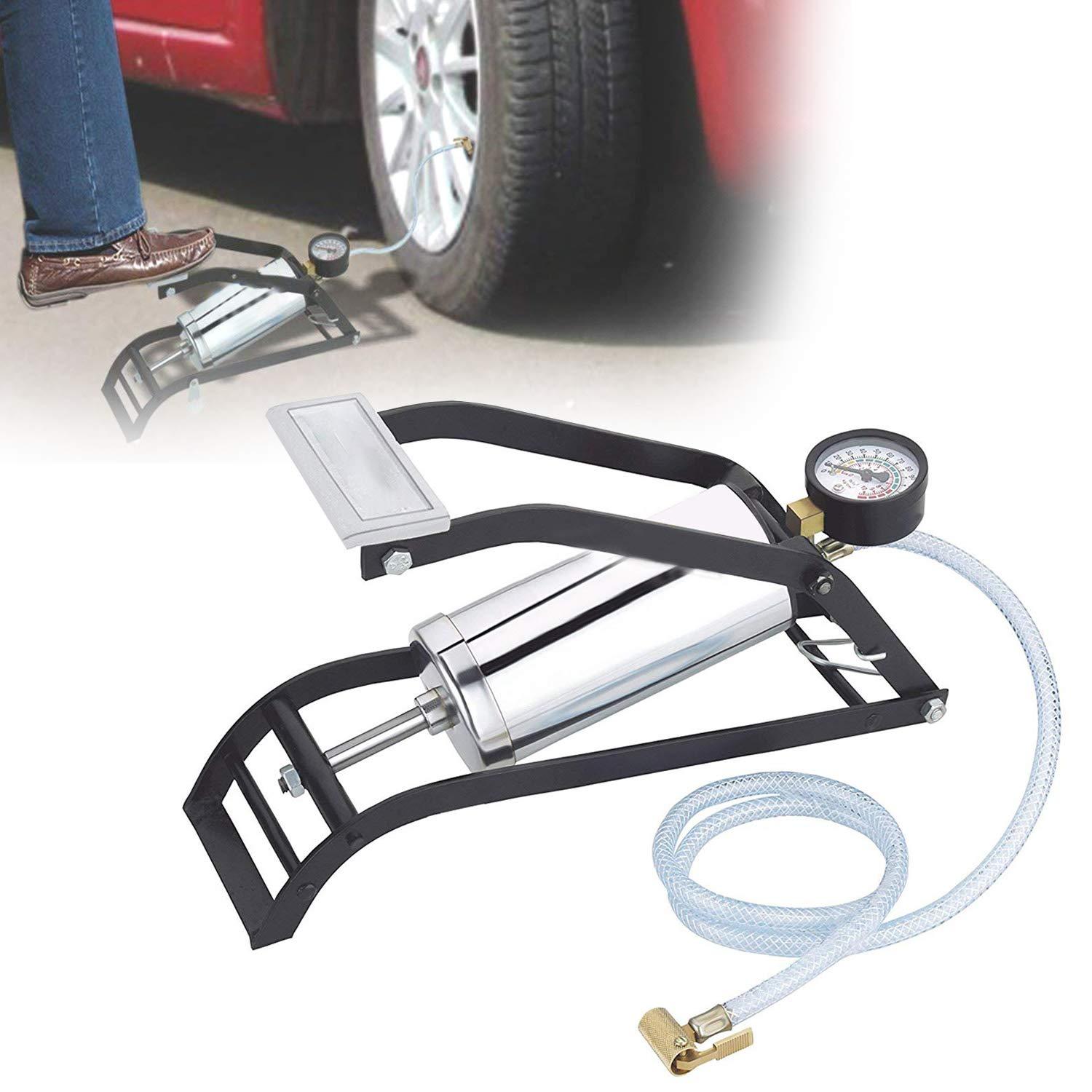 Steel foot pump with non-slip pedal and hose for easy tire inflation.