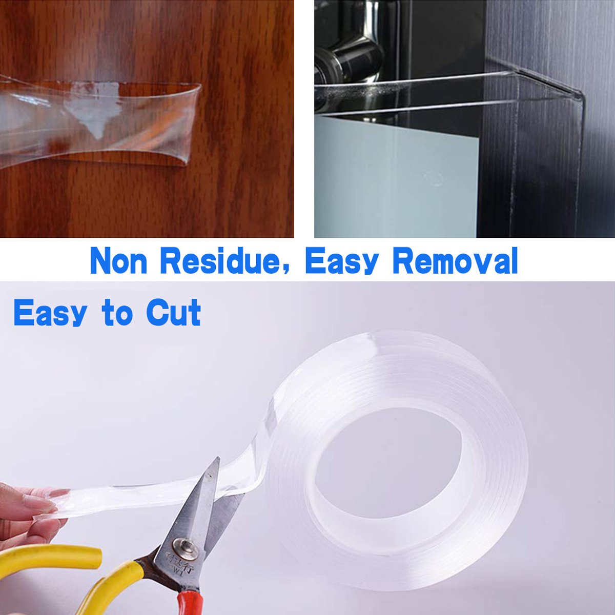 Washable nano adhesive tape demonstrating its strong hold on various surfaces.