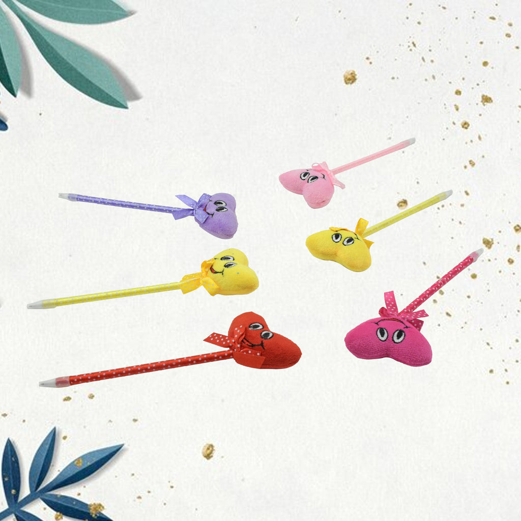 Group of diverse cartoon and heart pens, each with a fun rattle in various colours.