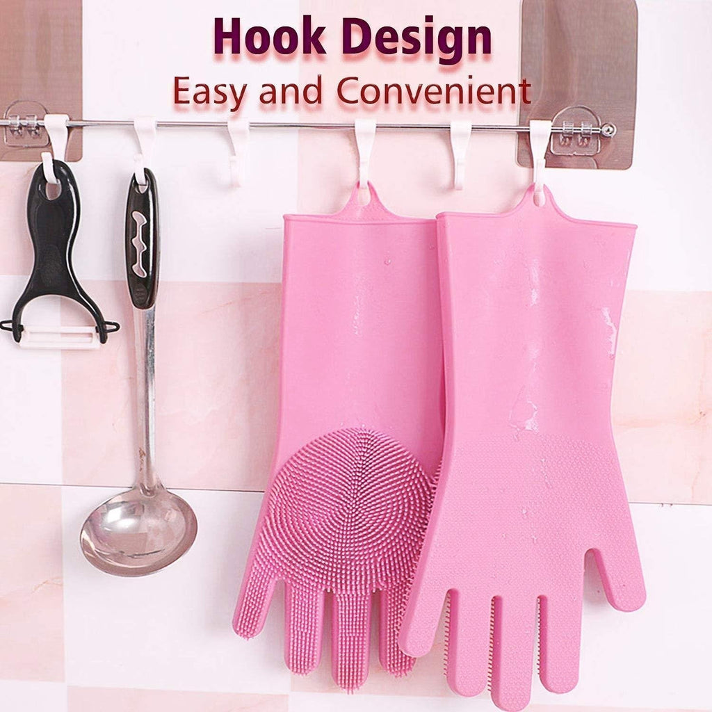 Multicolor silicone cleaning gloves with scrubbing bristles displayed.