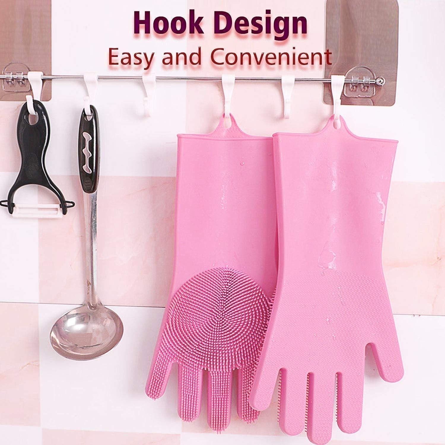 Multicolor silicone cleaning gloves with scrubbing bristles displayed.