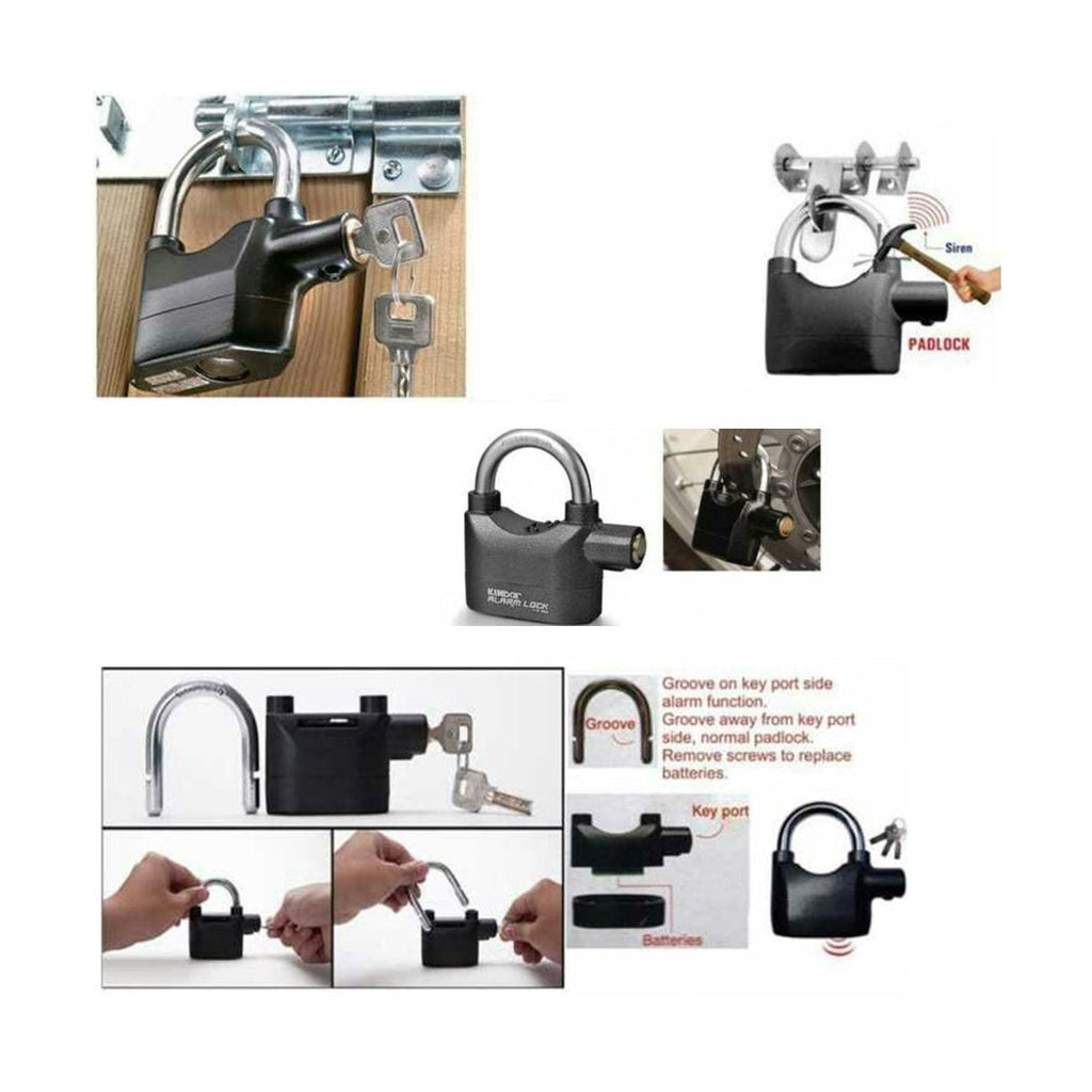 Siren alarm pad lock showing keyed locking mechanism