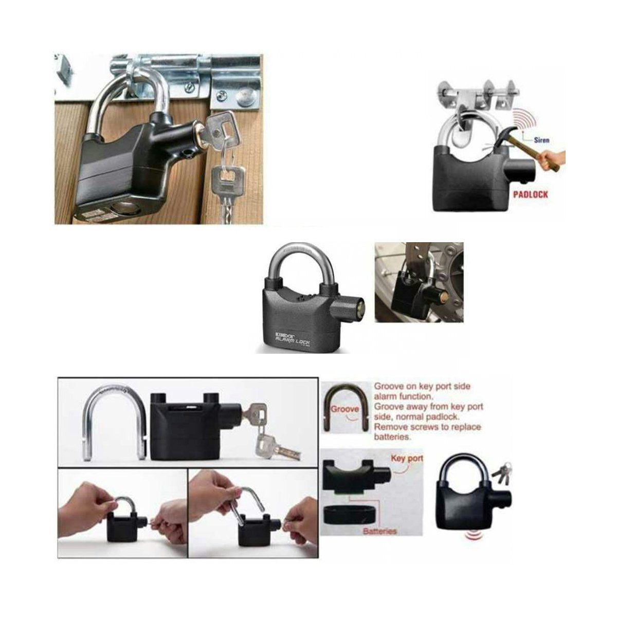 Siren alarm pad lock showing keyed locking mechanism
