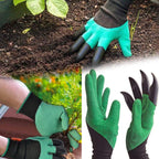 Close-up of a gardener wearing mixed-color gloves with claws, demonstrating digging.