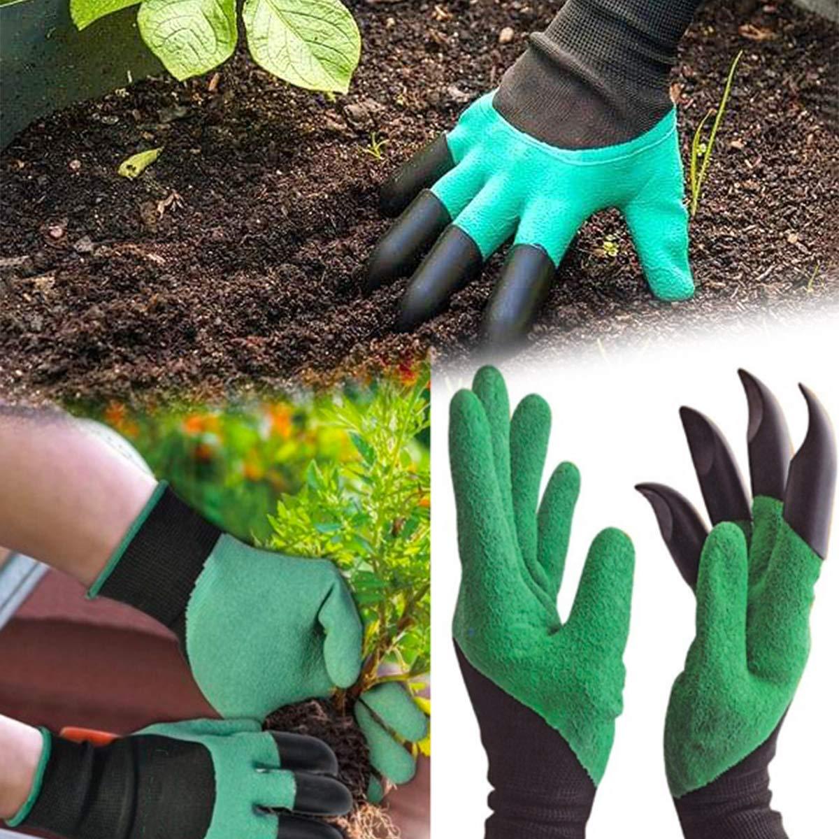Close-up of a gardener wearing mixed-color gloves with claws, demonstrating digging.