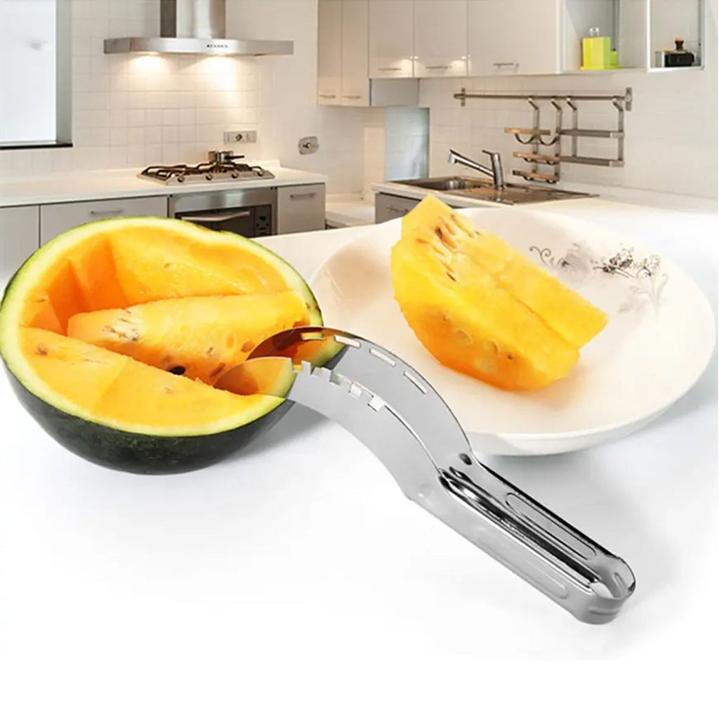 Closeup of the durable stainless steel watermelon slicer.