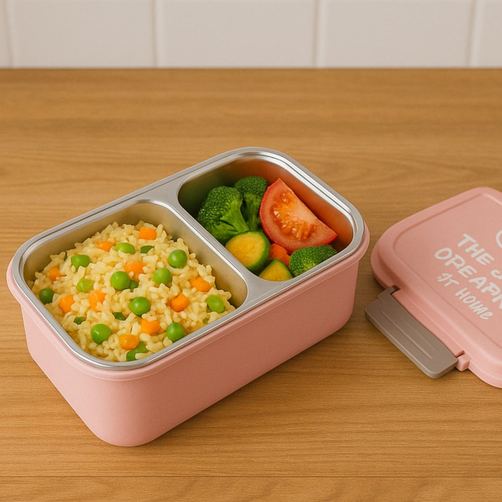 Compact BPA-Free snack pack lunch box open with fresh food inside