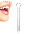 Close-up of the smooth, polished stainless steel tongue scraper.