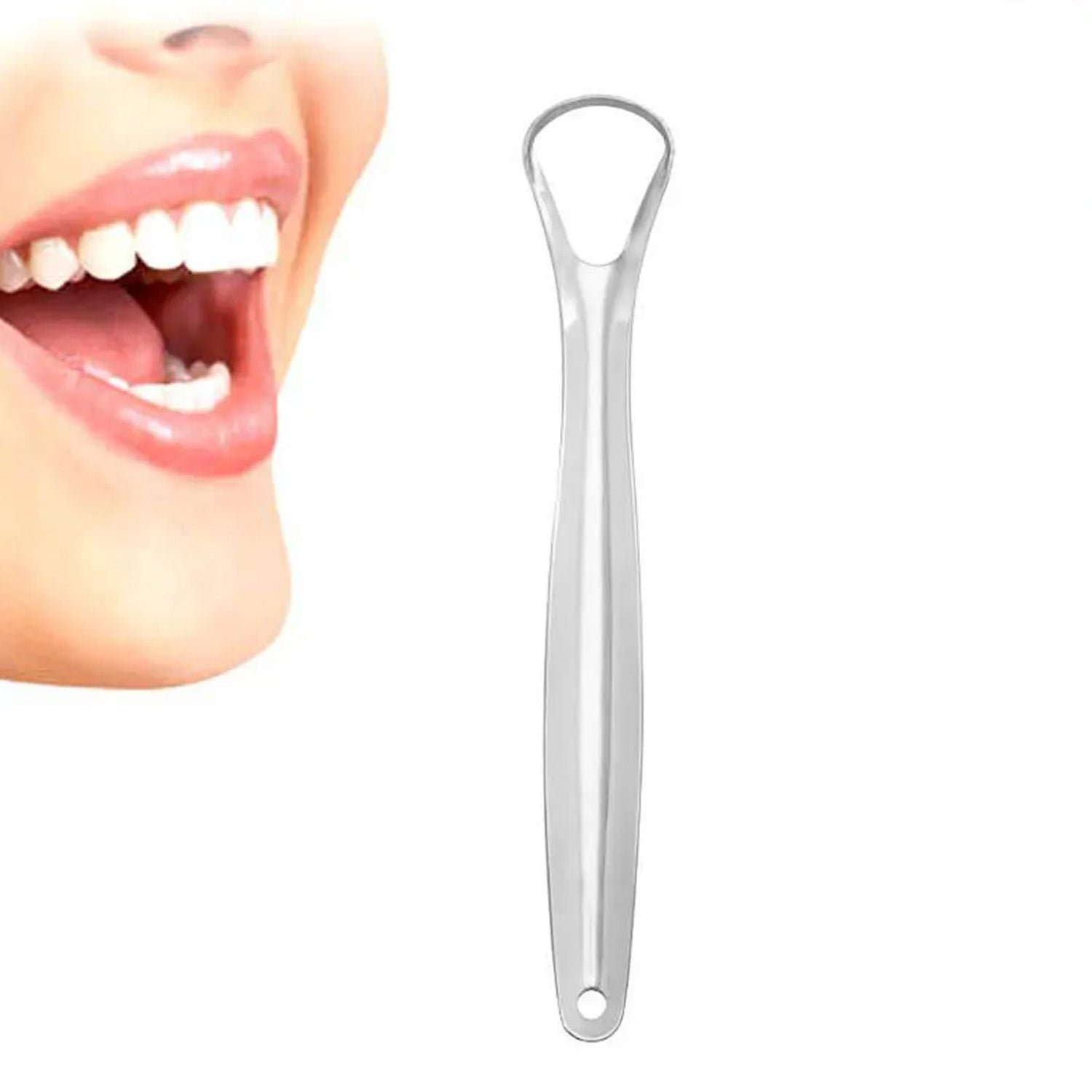 Close-up of the smooth, polished stainless steel tongue scraper.