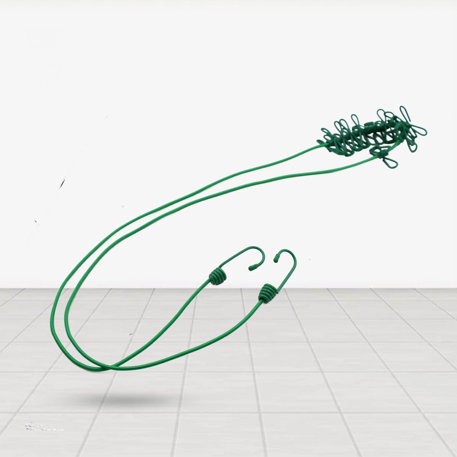 Elastic drying rope with hooks, showing its flexibility for various uses.