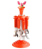 Elegant 24 Pcs cutlery set featuring stainless steel utensils with black plastic handles and a matching revolving stand.