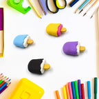 Themed erasers alongside pencils, illustrating their size and suitability as school supplies for kids.