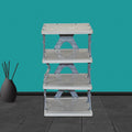 Fully assembled 4-layer foldable shoe rack with various shoes for entryway organization.