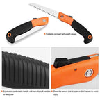 The folding saw securely locked in its open position for safe use.