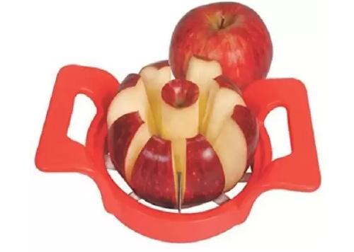 Close-up of the Apple Cutter's ergonomic multi-color handle and sharp stainless steel blades.