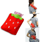 A person holding the strawberry pattern warm bag against their lower back for pain relief.