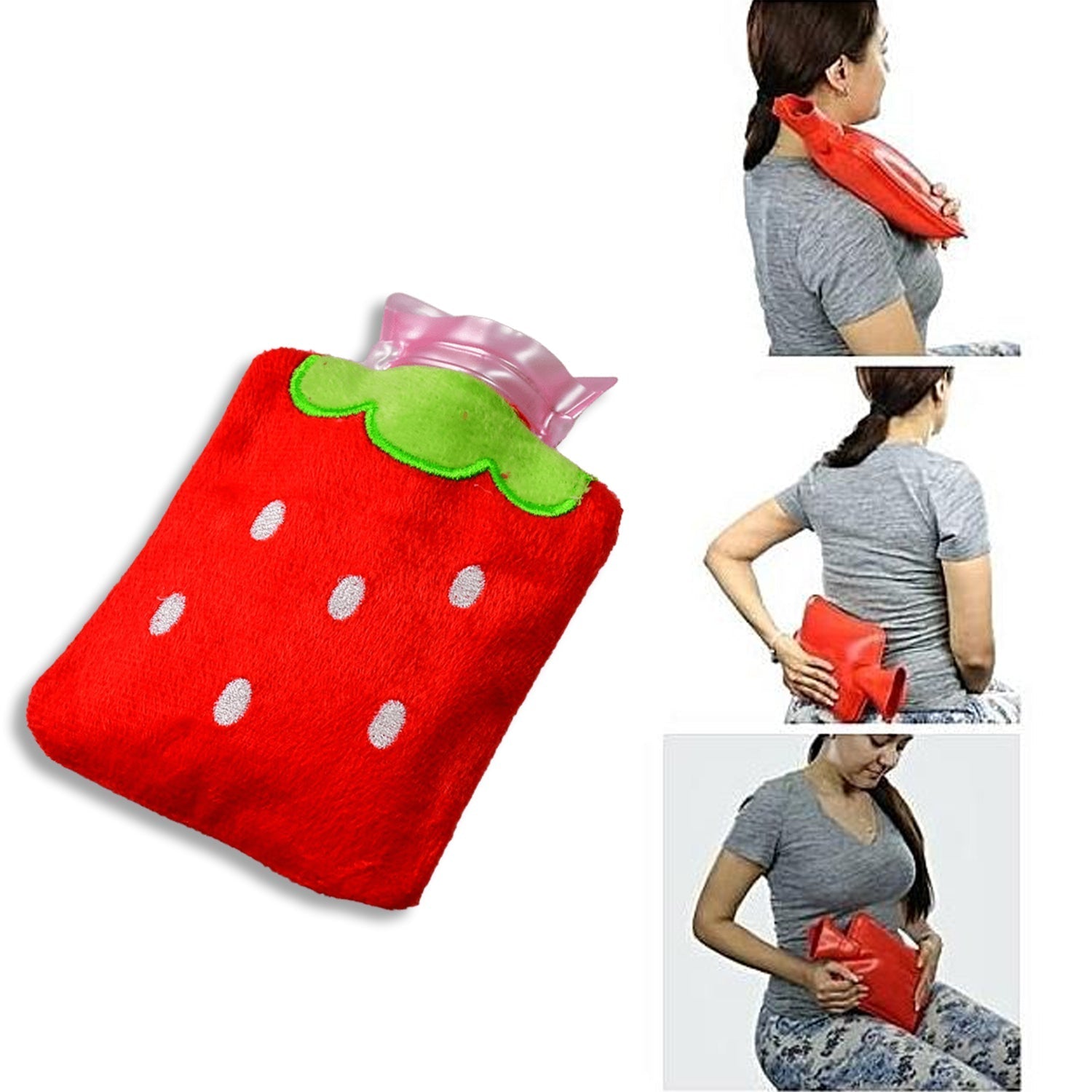 A person holding the strawberry pattern warm bag against their lower back for pain relief.