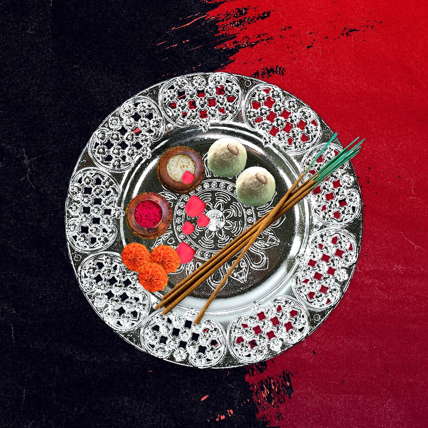 Festive plastic Pooja Thali set arranged for Indian celebrations.