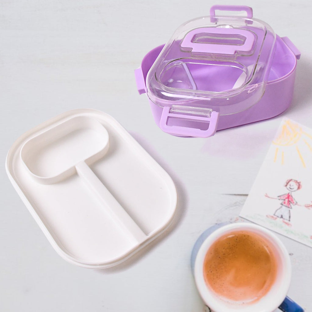 Components of the kids lunch box set: bottle, spoon, small container, and main box