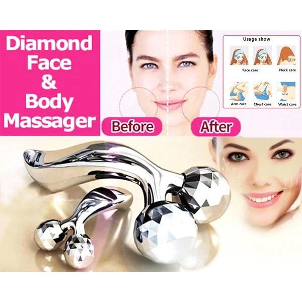 Hand holding the 3D roller face massager, demonstrating its use for comprehensive facial skincare.