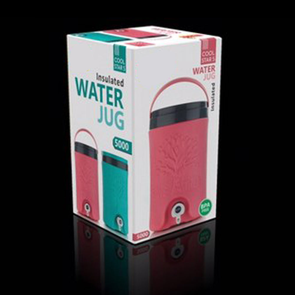 Front view of the colorful insulated water jug, featuring a secure lid and comfortable handle.