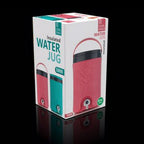 Front view of the colorful insulated water jug, featuring a secure lid and comfortable handle.