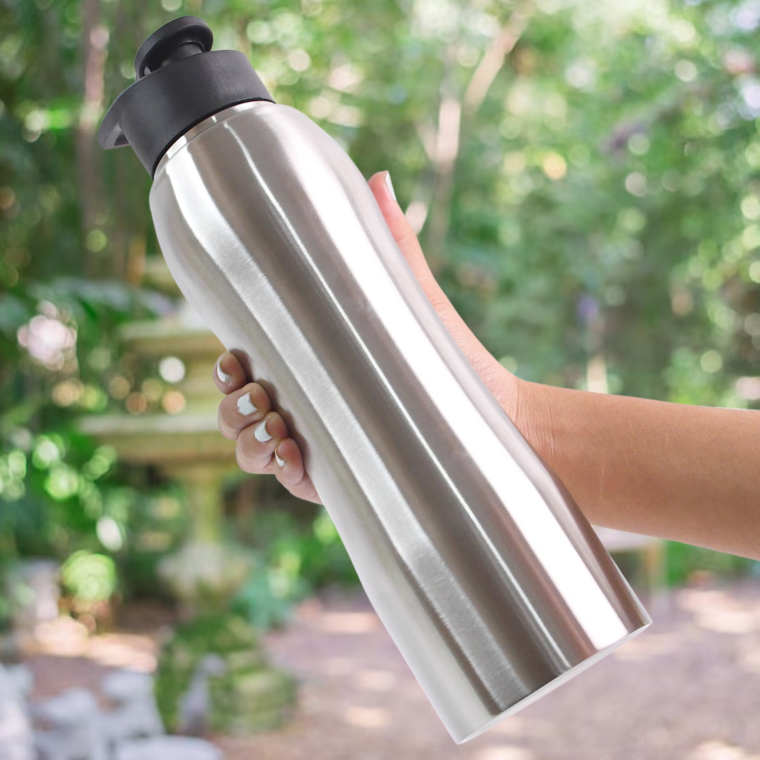 Top view of stainless steel insulated water bottle showing leak-proof cap