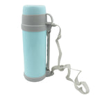 Double-wall insulated bottle with an adjustable shoulder strap for travel.