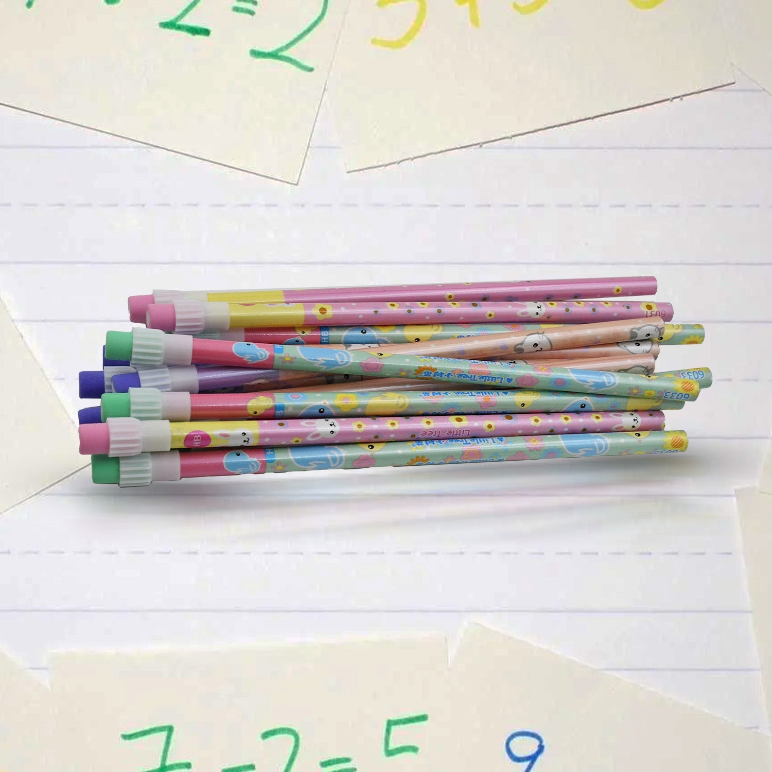 A collection of the animal-themed pencils, sharpener, and eraser, perfect for school supplies.