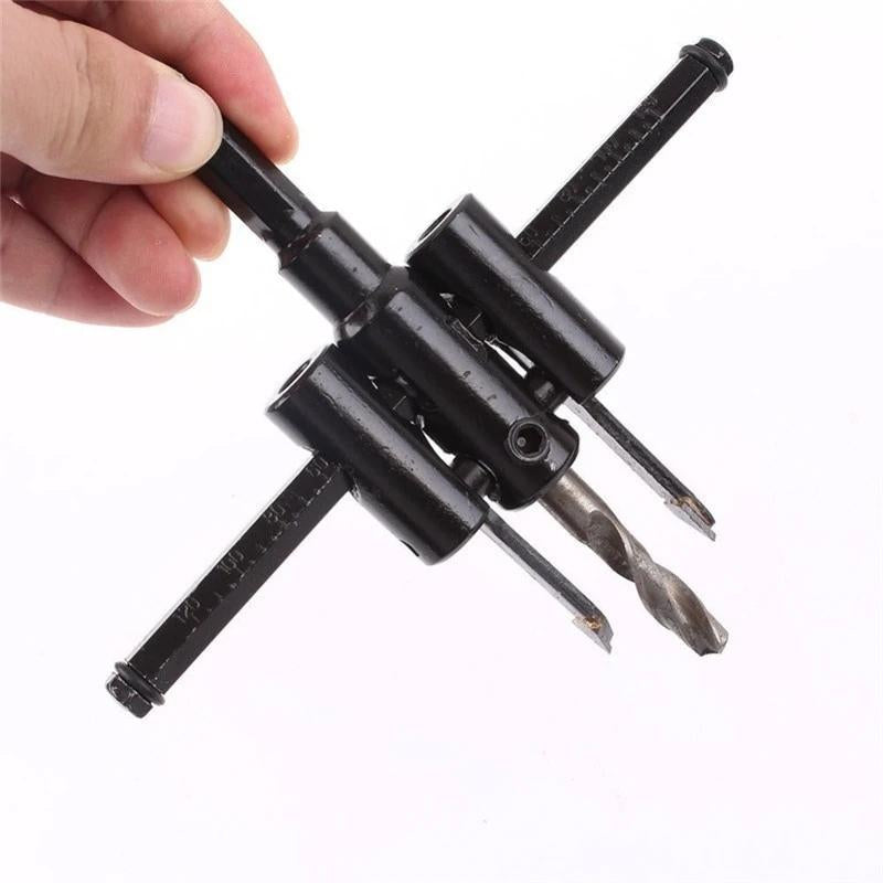Adjustable circle hole saw showing included hex key and center drill.